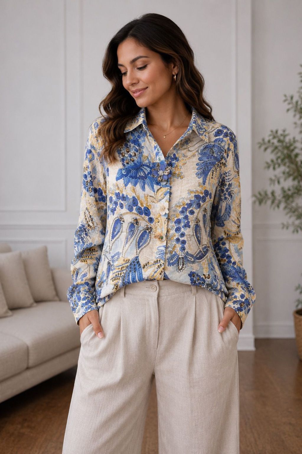 Blue Paisley Print Button-Up Blouse