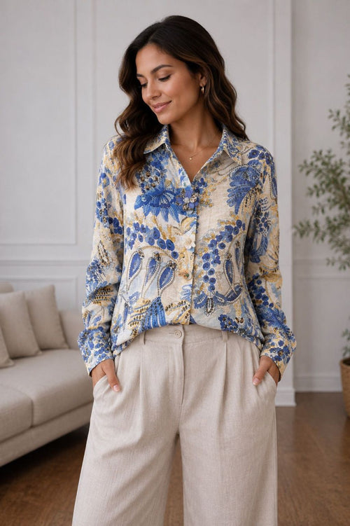 Blue Paisley Print Button-Up Blouse