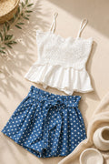 Blue Polka Dot High-Waist Paperbag Shorts