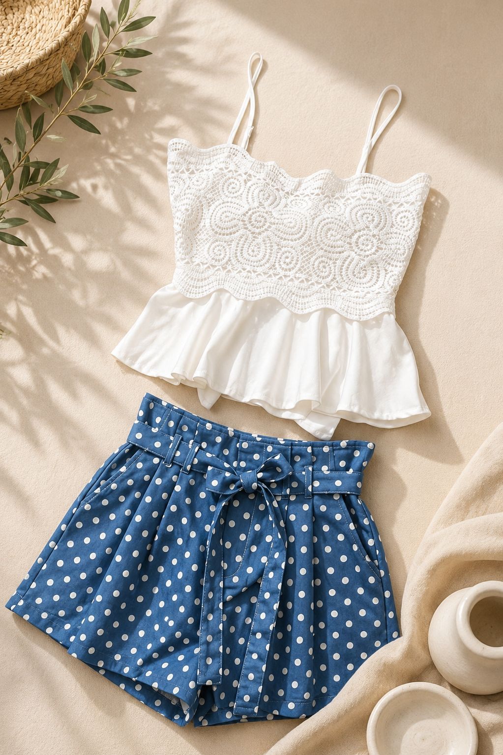 Blue Polka Dot High-Waist Paperbag Shorts