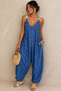 Italian Blue Polka Dot Tie-Strap Jumpsuit