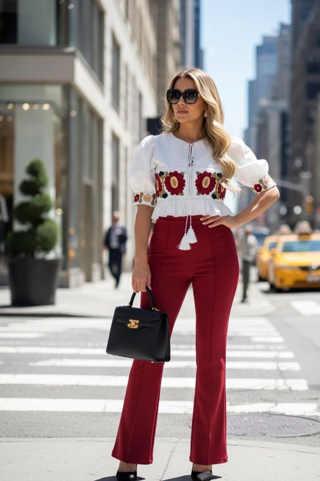 Red Flare Pants with Embroidered Waist