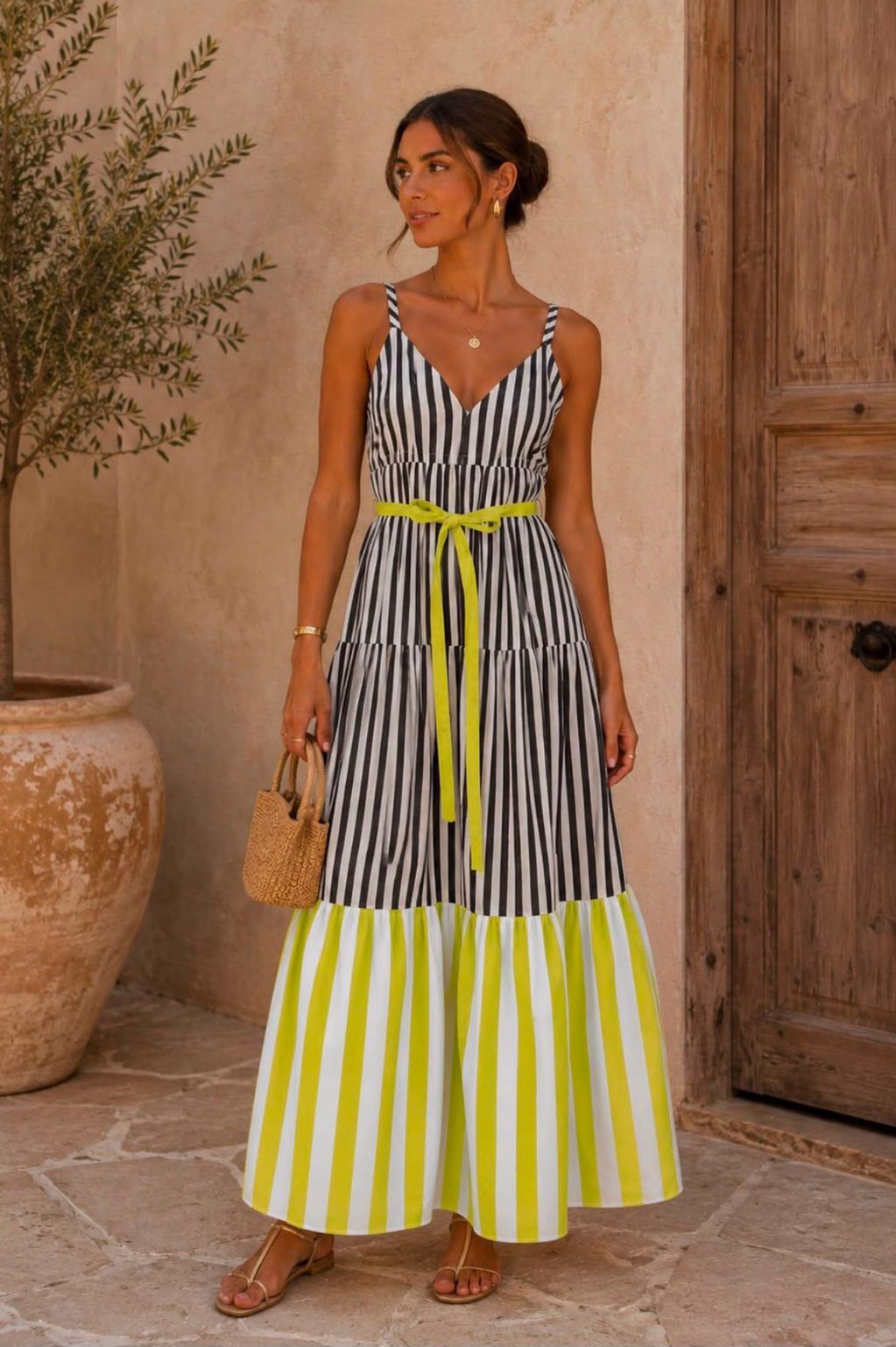 Striped Maxi Dress with Lime Contrast