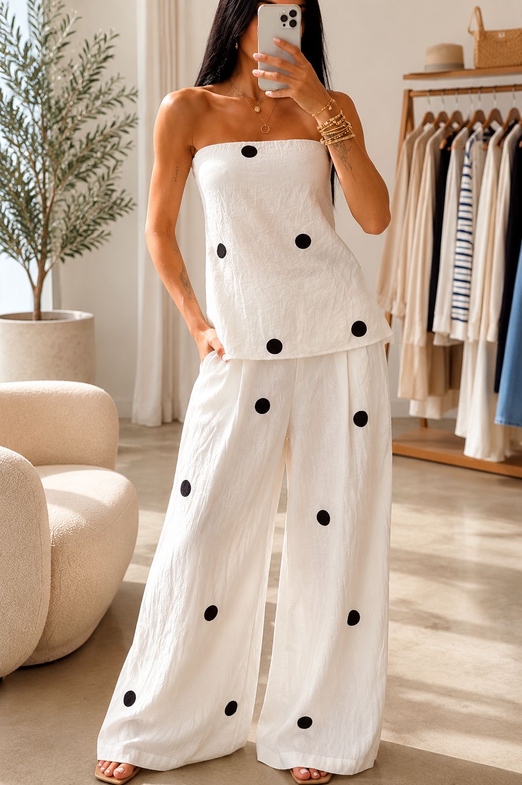 White Polka Dot Linen Blend Two-Piece Set