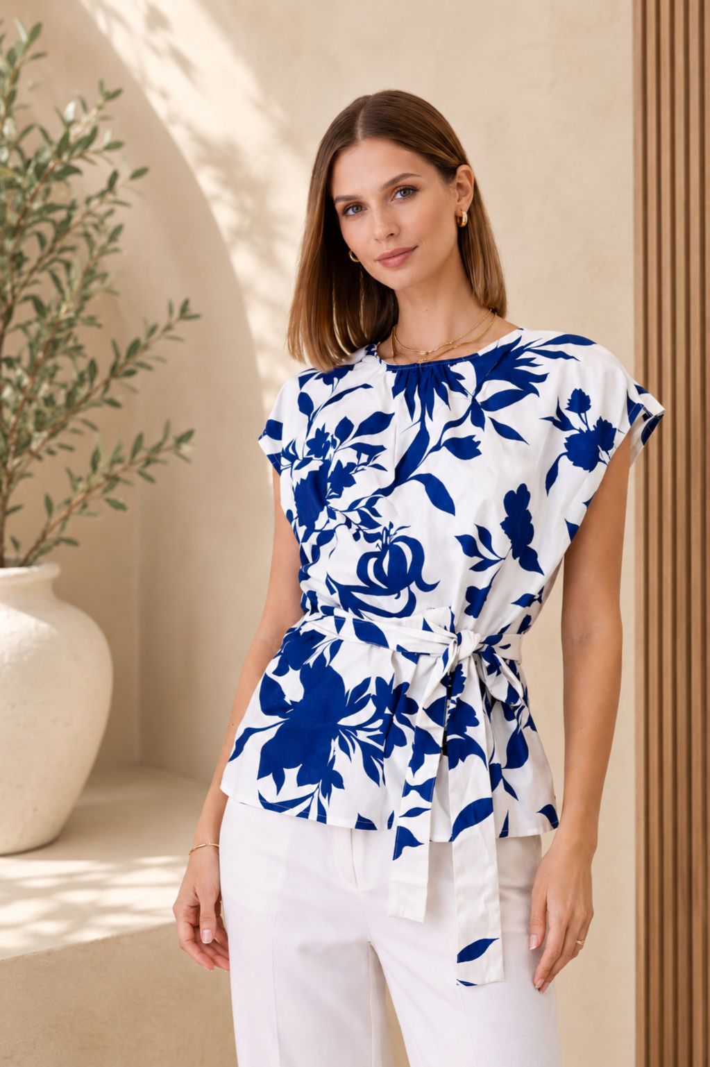 Blue Bloom Waist Tie Blouse
