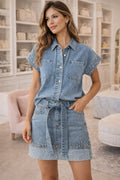 Denim Rhinestone Shirt & Skirt Set
