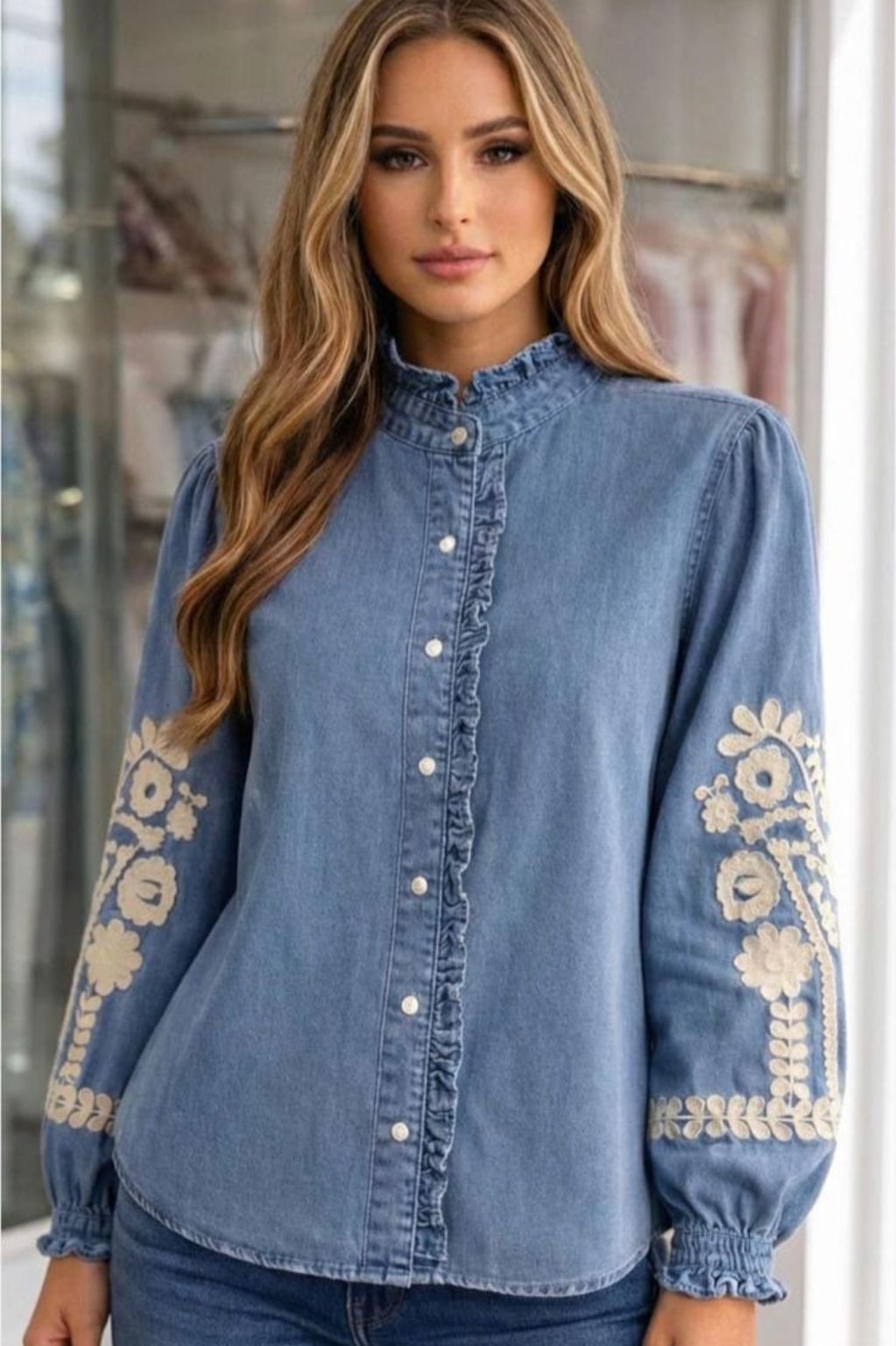 Embroidered Denim Ruffle Blouse