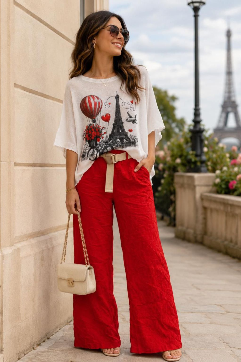 Italian Red Wide-Leg Linen Blend Pants